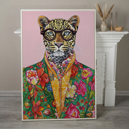 Quirky Leopard in Floral Suit Canvas Print in white floating frame