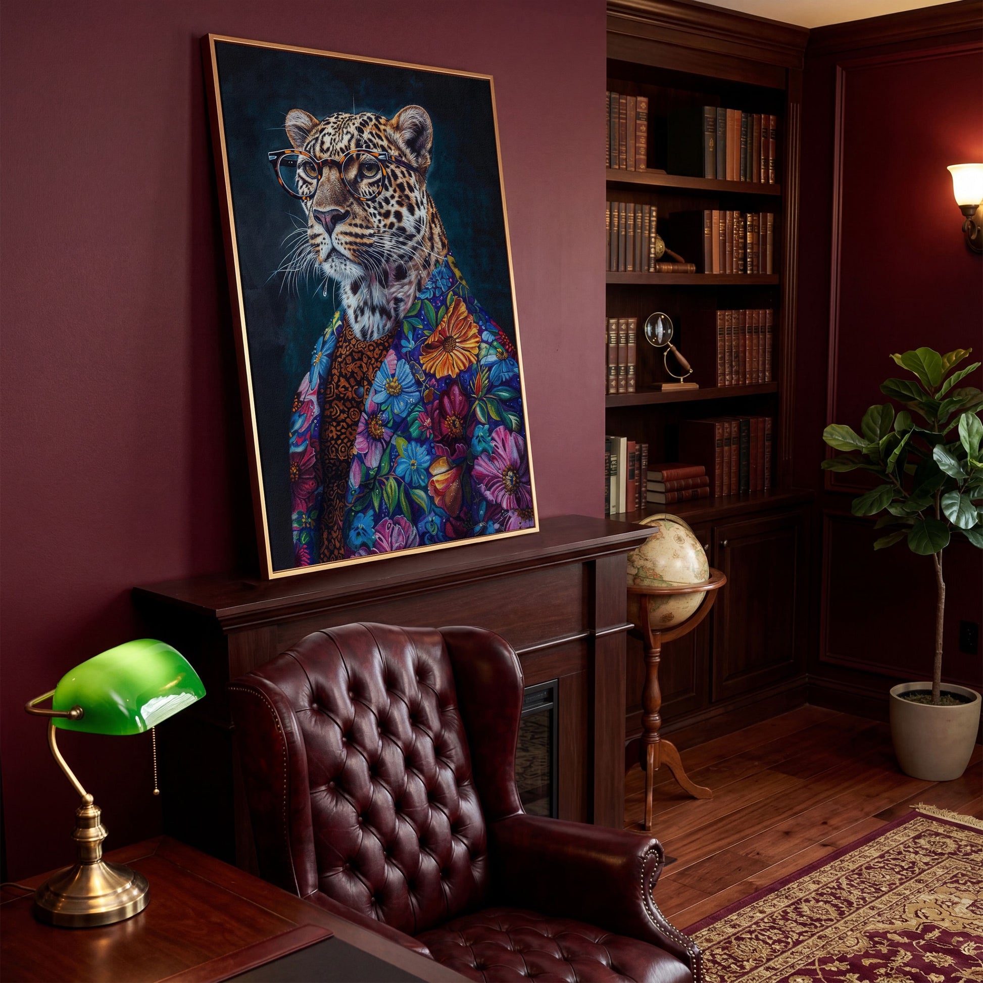 Leopard in Floral Suit Fashion Canvas in antique gold floating frame