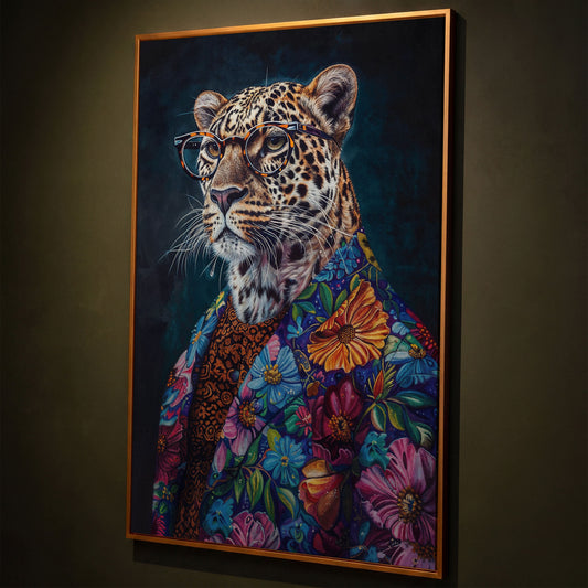 Leopard in Floral Suit Fashion Canvas shown in antique gold floating frame
