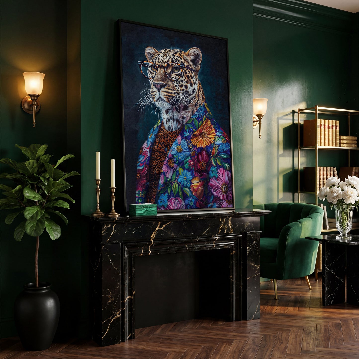 Leopard in Floral Suit Fashion Canvas in black floating frame