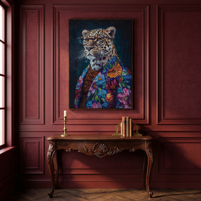 Leopard in Floral Suit Fashion Canvas in dark walnut floating frame