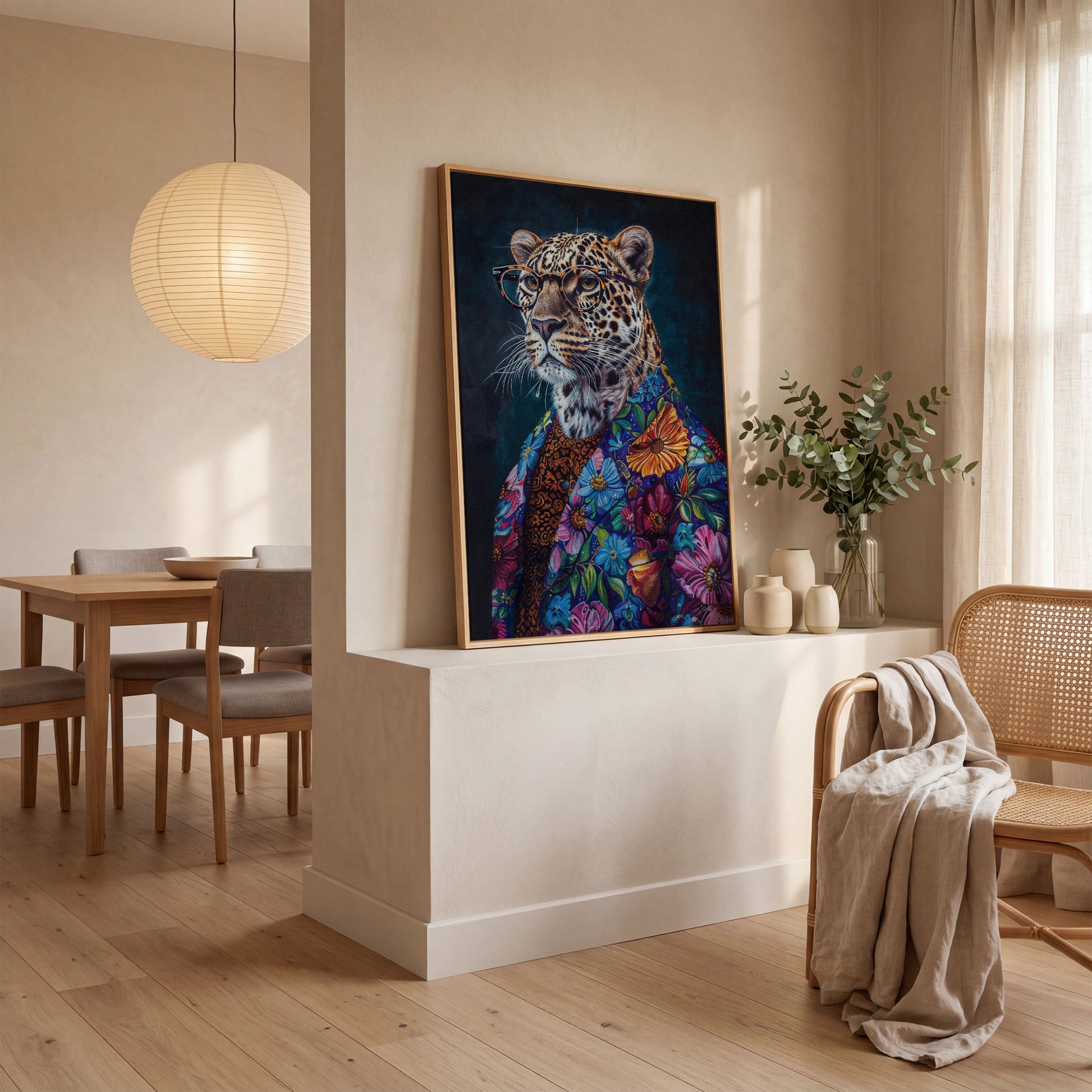 Leopard in Floral Suit Fashion Canvas in white oak floating frame
