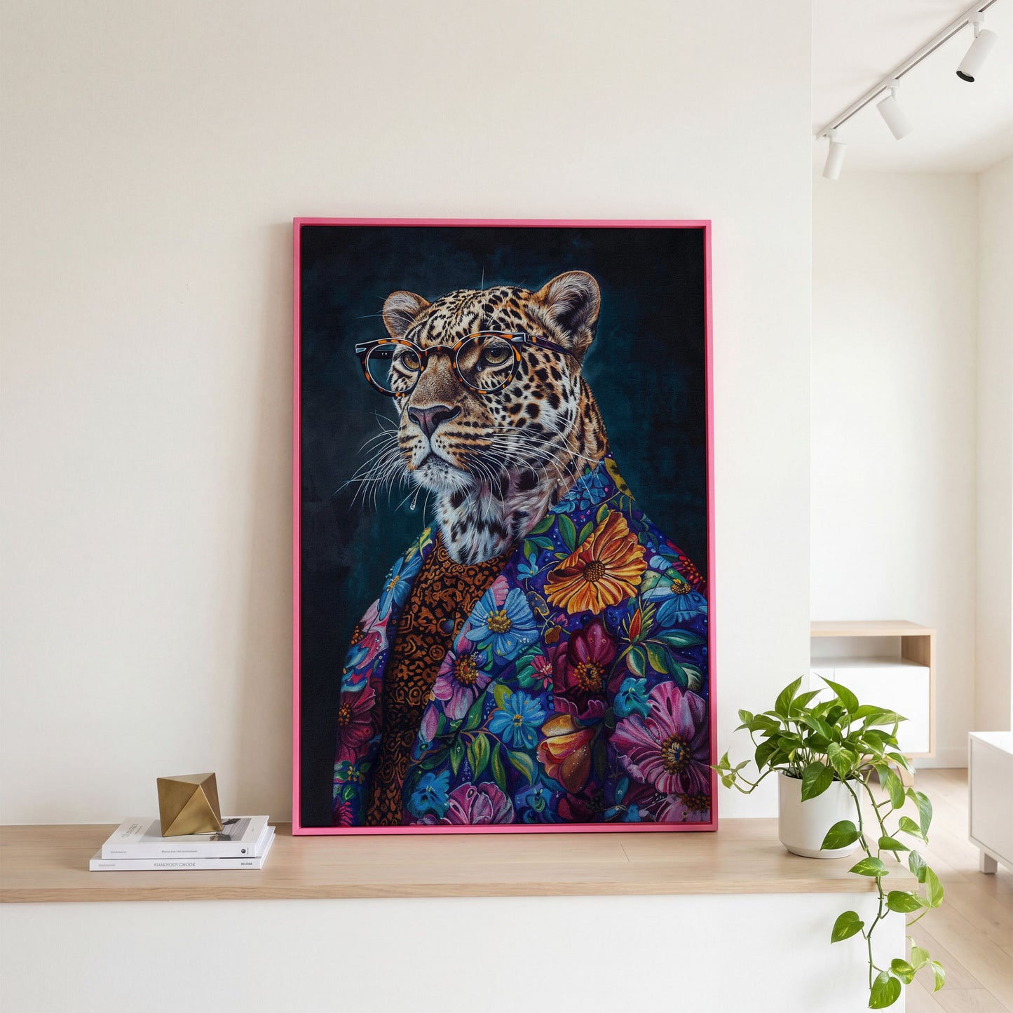 Leopard in Floral Suit Fashion Canvas in pink floating frame
