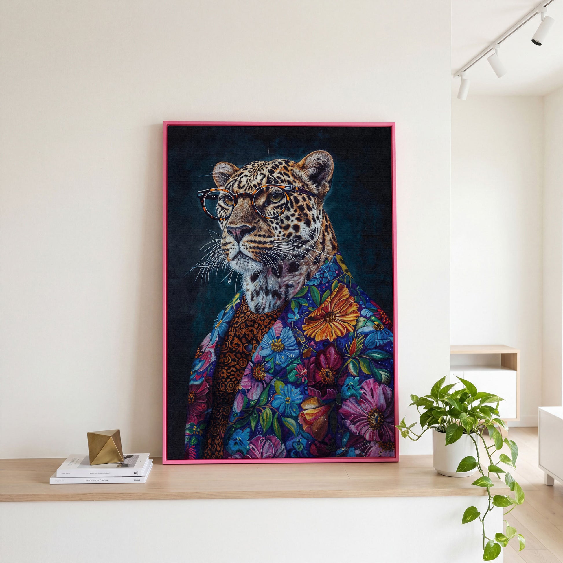 Leopard in Floral Suit Fashion Canvas in pink floating frame