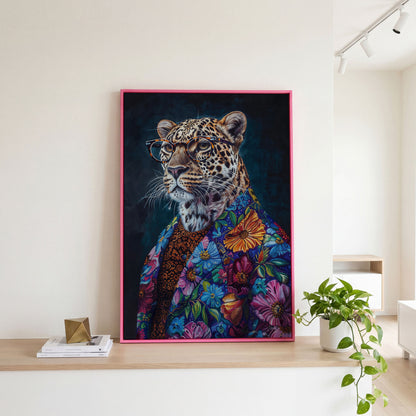 Leopard in Floral Suit Fashion Canvas in pink floating frame
