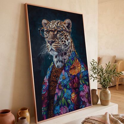 Leopard in Floral Suit Fashion Canvas in rose gold floating frame