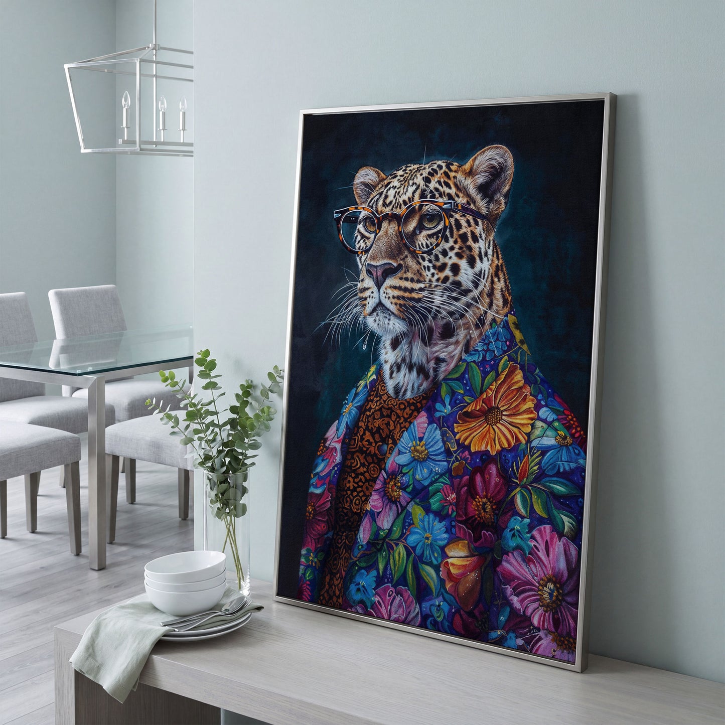 Leopard in Floral Suit Fashion Canvas in silver floating frame