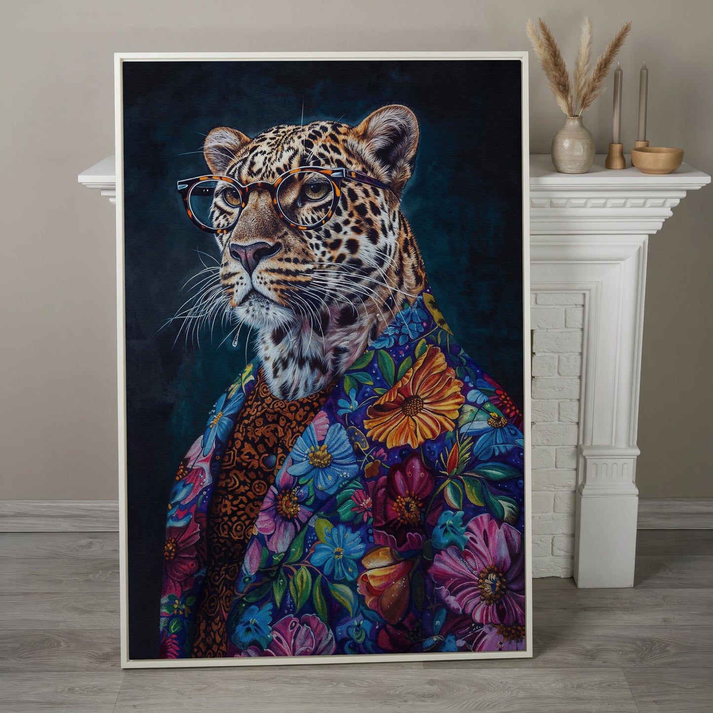 Leopard in Floral Suit Fashion Canvas in white floating frame