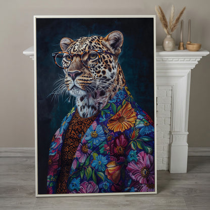 Leopard in Floral Suit Fashion Canvas in white floating frame