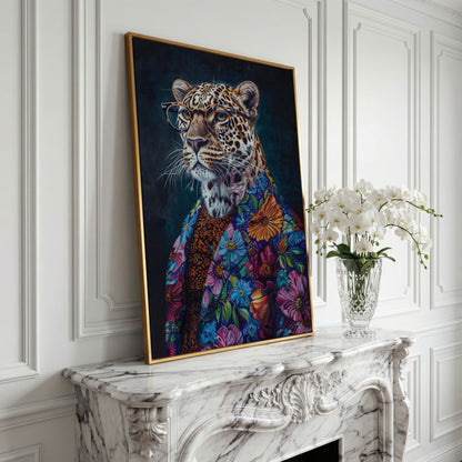Leopard in Floral Suit Fashion Canvas in yellow gold floating frame