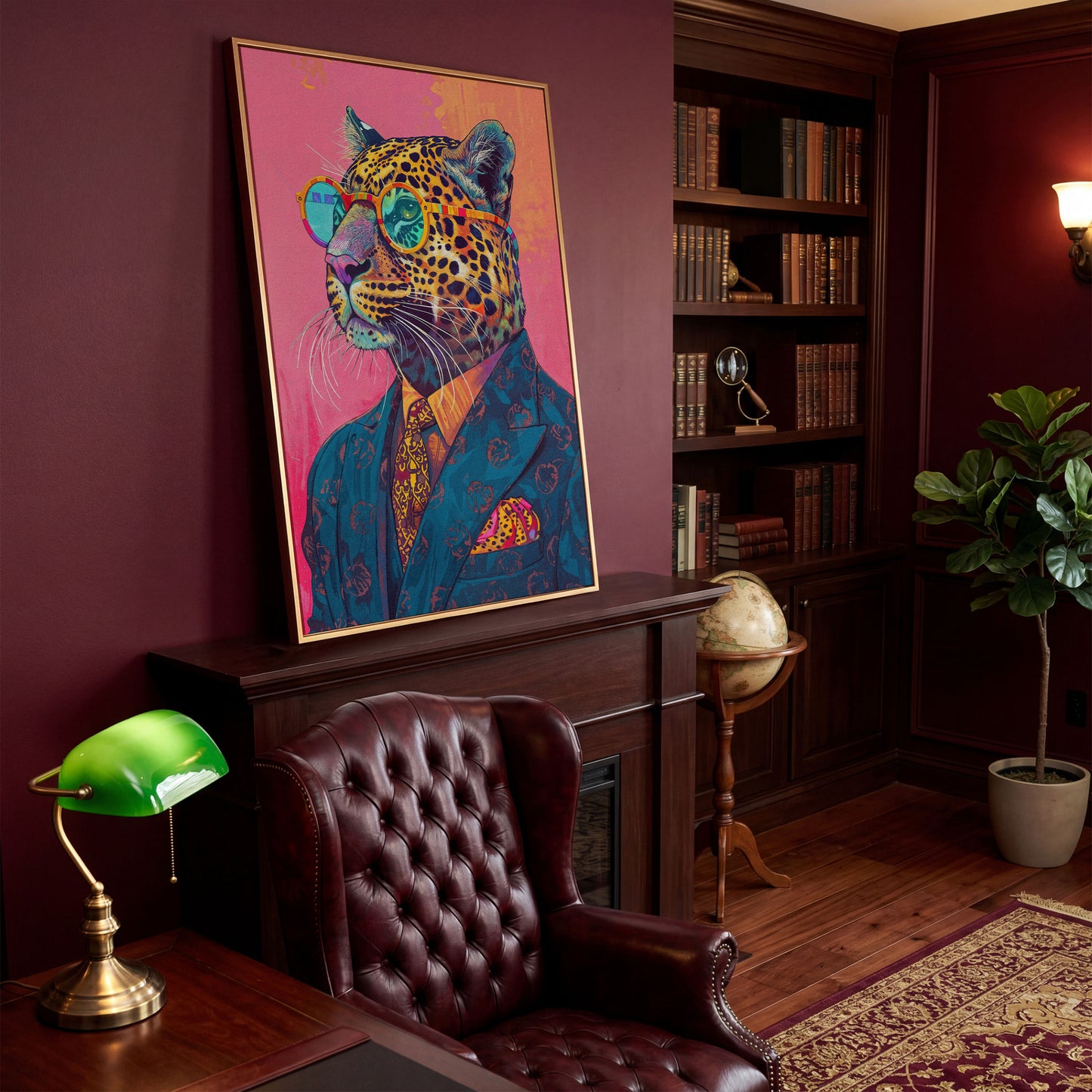 Leopard in Suit with Glasses Canvas in antique gold floating frame