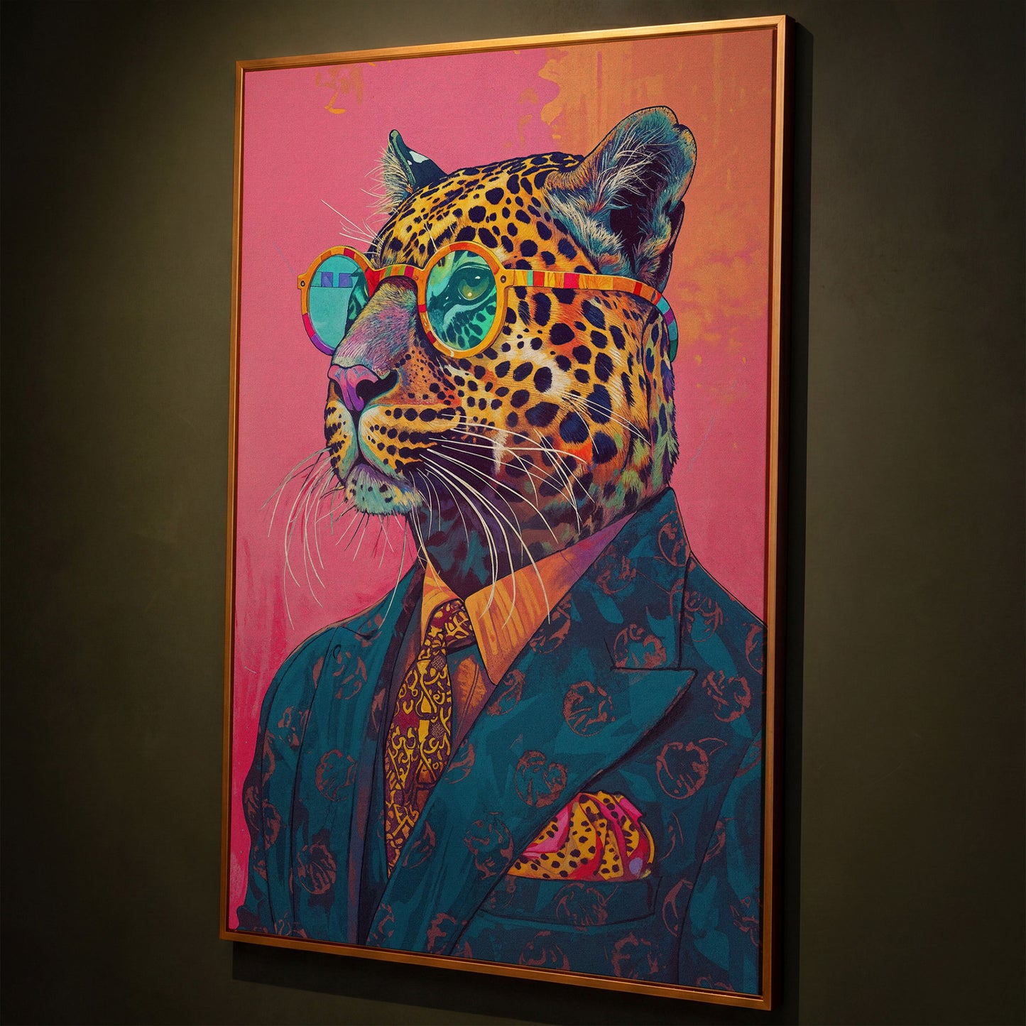 Leopard in Suit with Glasses Canvas shown in antique gold floating frame