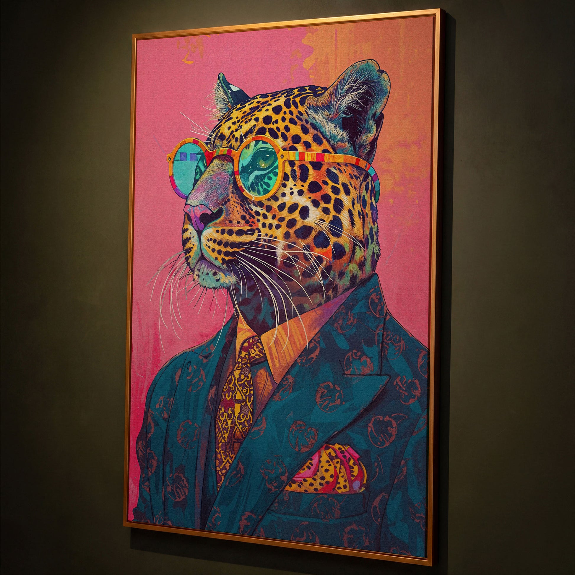 Leopard in Suit with Glasses Canvas shown in antique gold floating frame