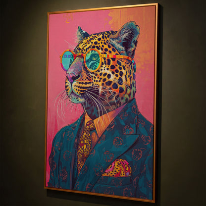 Leopard in Suit with Glasses Canvas shown in antique gold floating frame