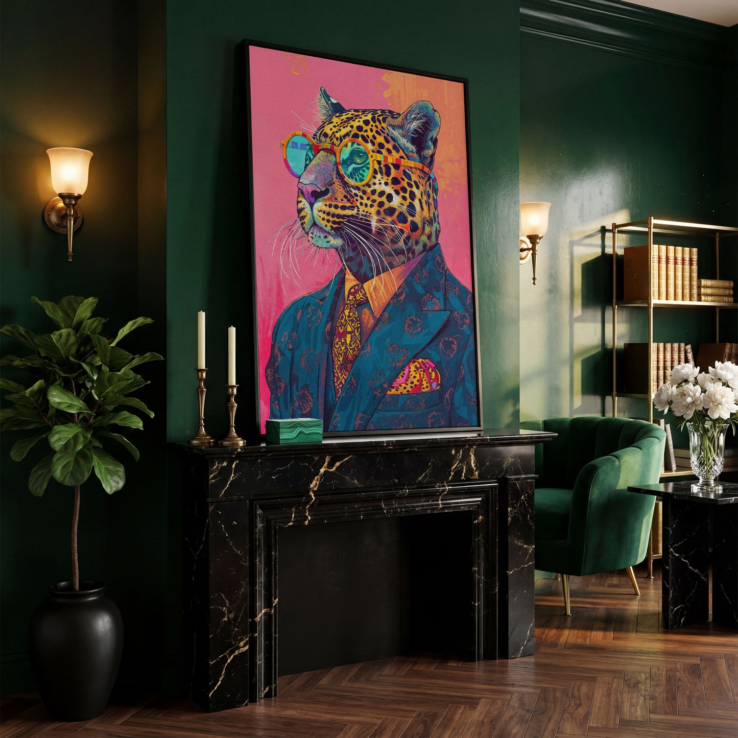 Leopard in Suit with Glasses Canvas in black floating frame