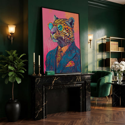 Leopard in Suit with Glasses Canvas in black floating frame