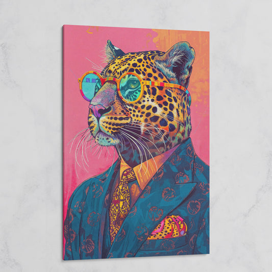 Leopard in Suit with Glasses Canvas on gallery wrap