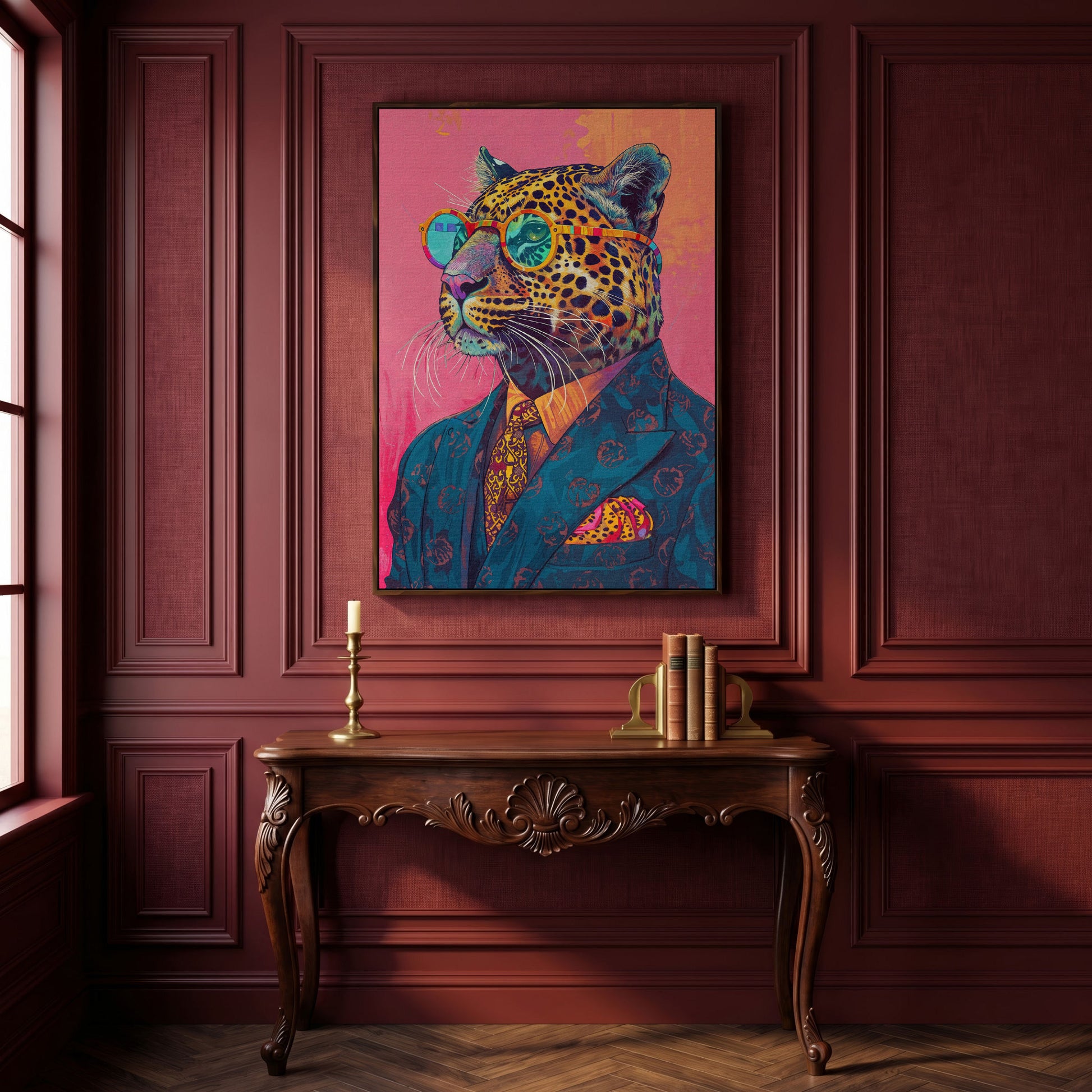 Leopard in Suit with Glasses Canvas in dark walnut floating frame