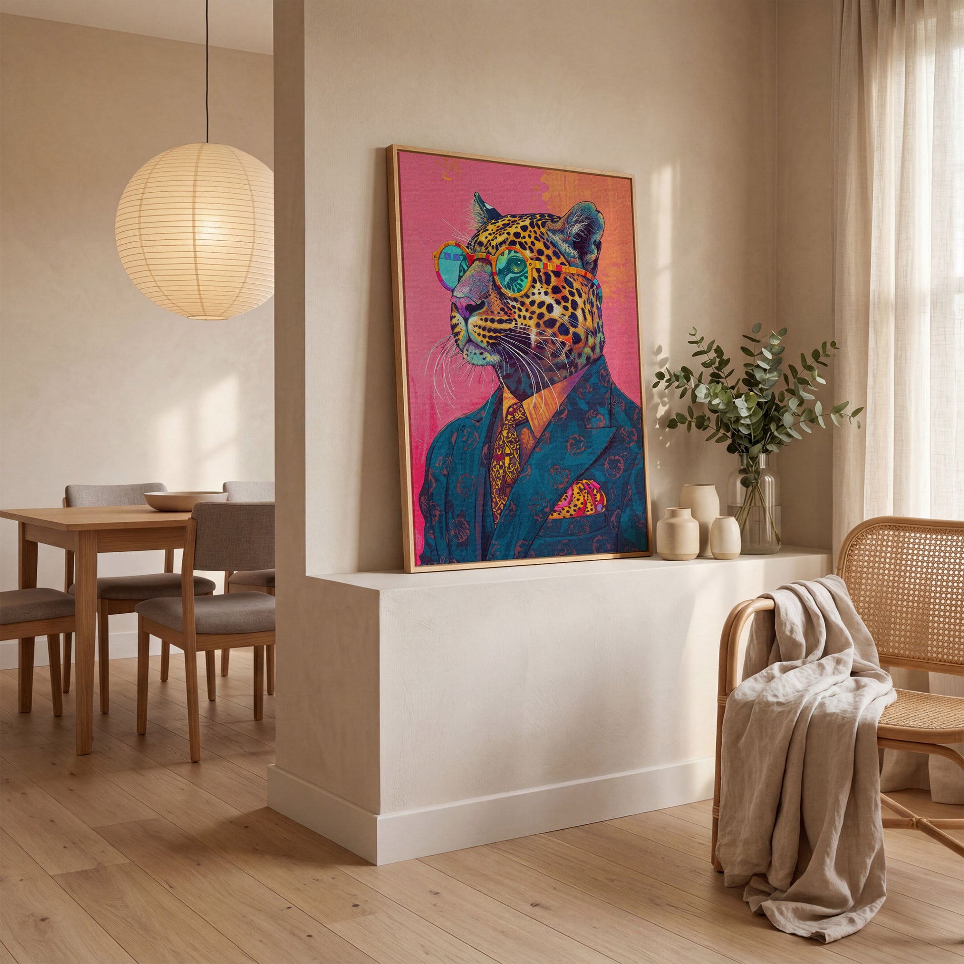 Leopard in Suit with Glasses Canvas in white oak floating frame