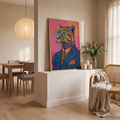 Leopard in Suit with Glasses Canvas in white oak floating frame
