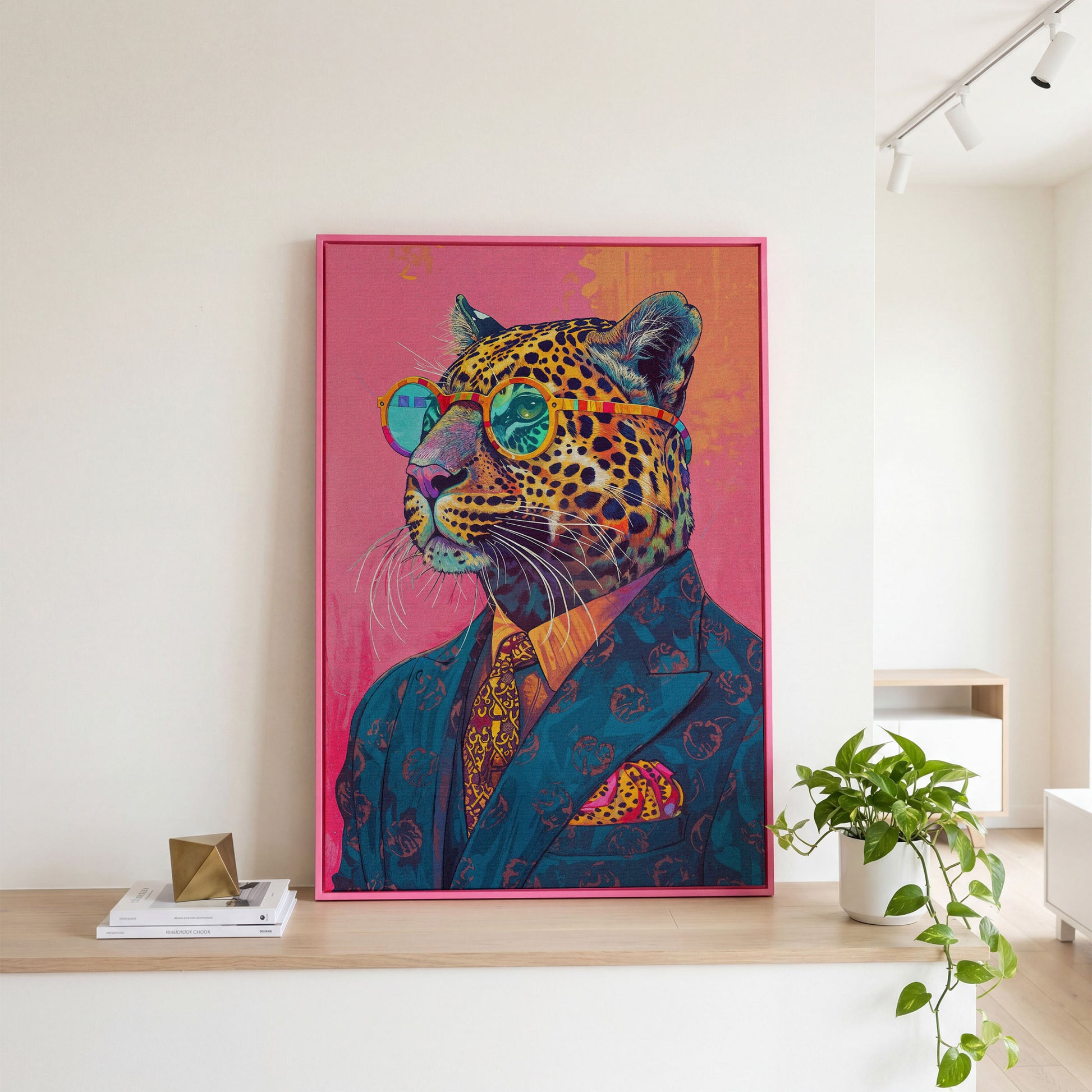 Leopard in Suit with Glasses Canvas in pink floating frame