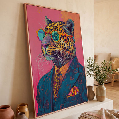 Leopard in Suit with Glasses Canvas in rose gold floating frame