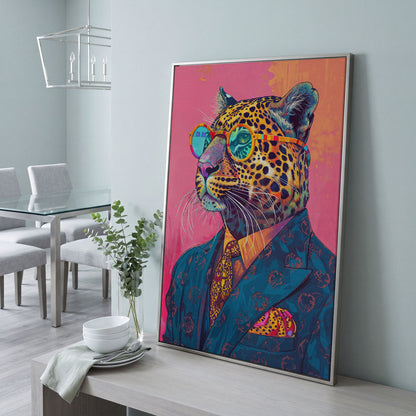 Leopard in Suit with Glasses Canvas in silver floating frame