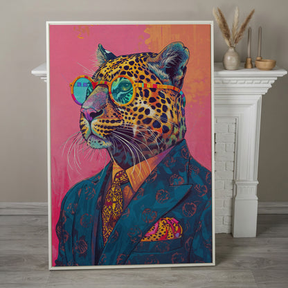 Leopard in Suit with Glasses Canvas in white floating frame