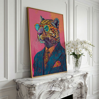 Leopard in Suit with Glasses Canvas in yellow gold floating frame
