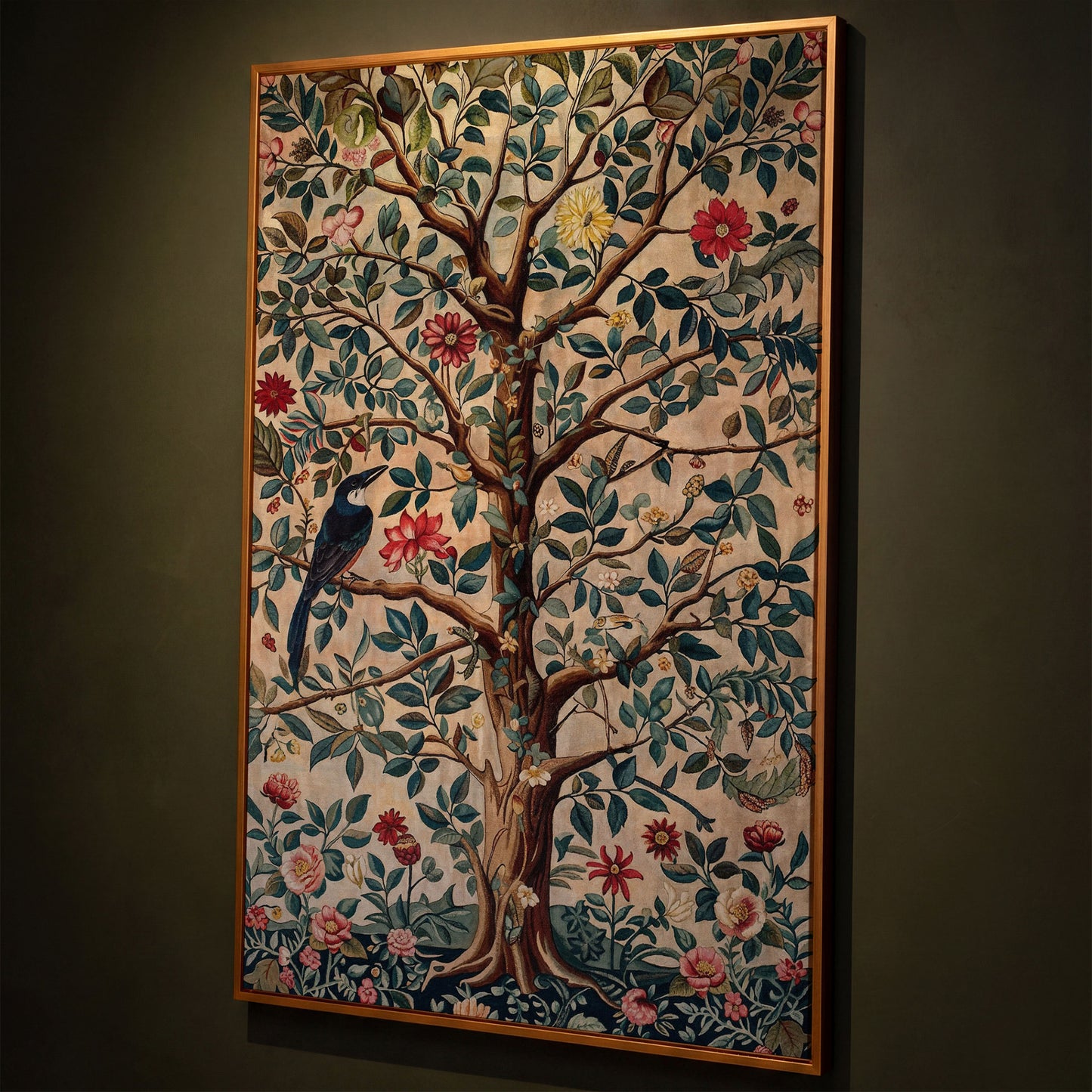 Tree of Life with Bird Canvas Art in Teal and Sienna shown in antique gold floating frame