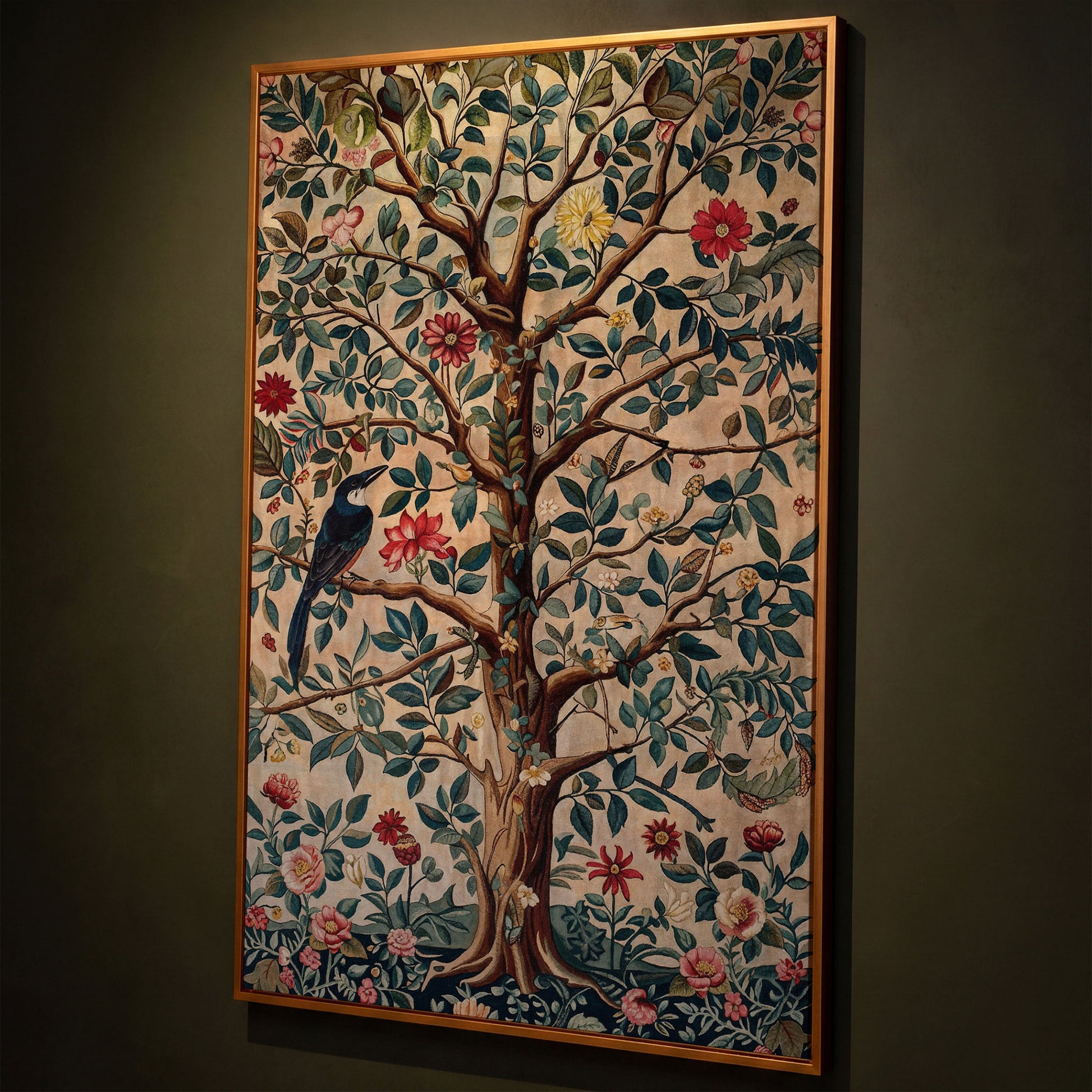 Tree of Life with Bird Canvas Art in Teal and Sienna shown in antique gold floating frame