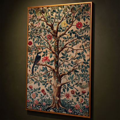 Tree of Life with Bird Canvas Art in Teal and Sienna shown in antique gold floating frame