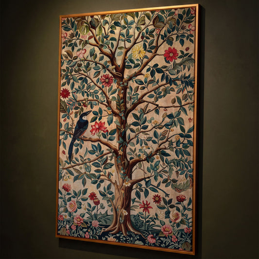 Tree of Life with Bird Canvas Art in Teal and Sienna shown in antique gold floating frame