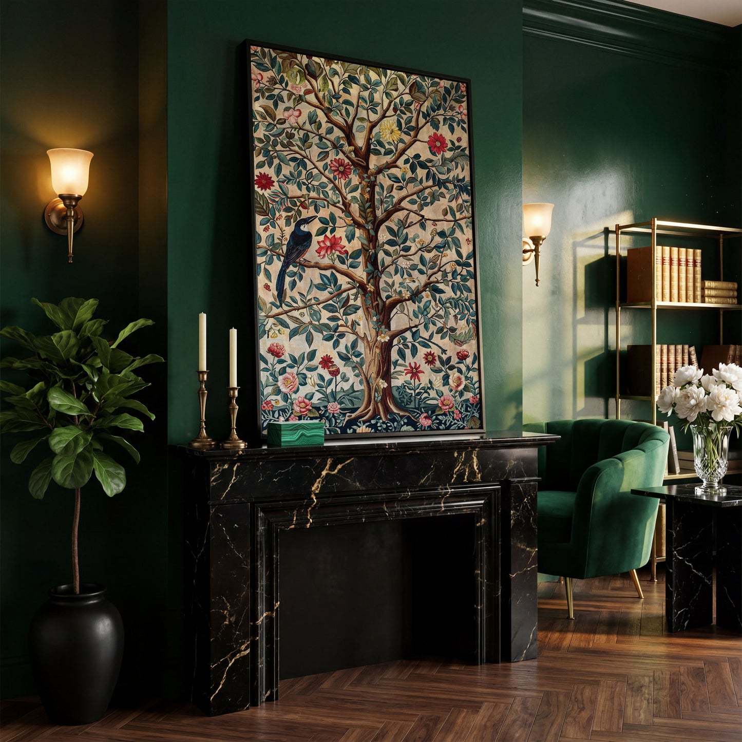 Tree of Life with Bird Canvas Art in Teal and Sienna in black floating frame