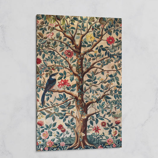 Tree of Life with Bird Canvas Art in Teal and Sienna on gallery wrap