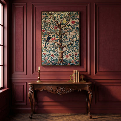 Tree of Life with Bird Canvas Art in Teal and Sienna in dark walnut floating frame