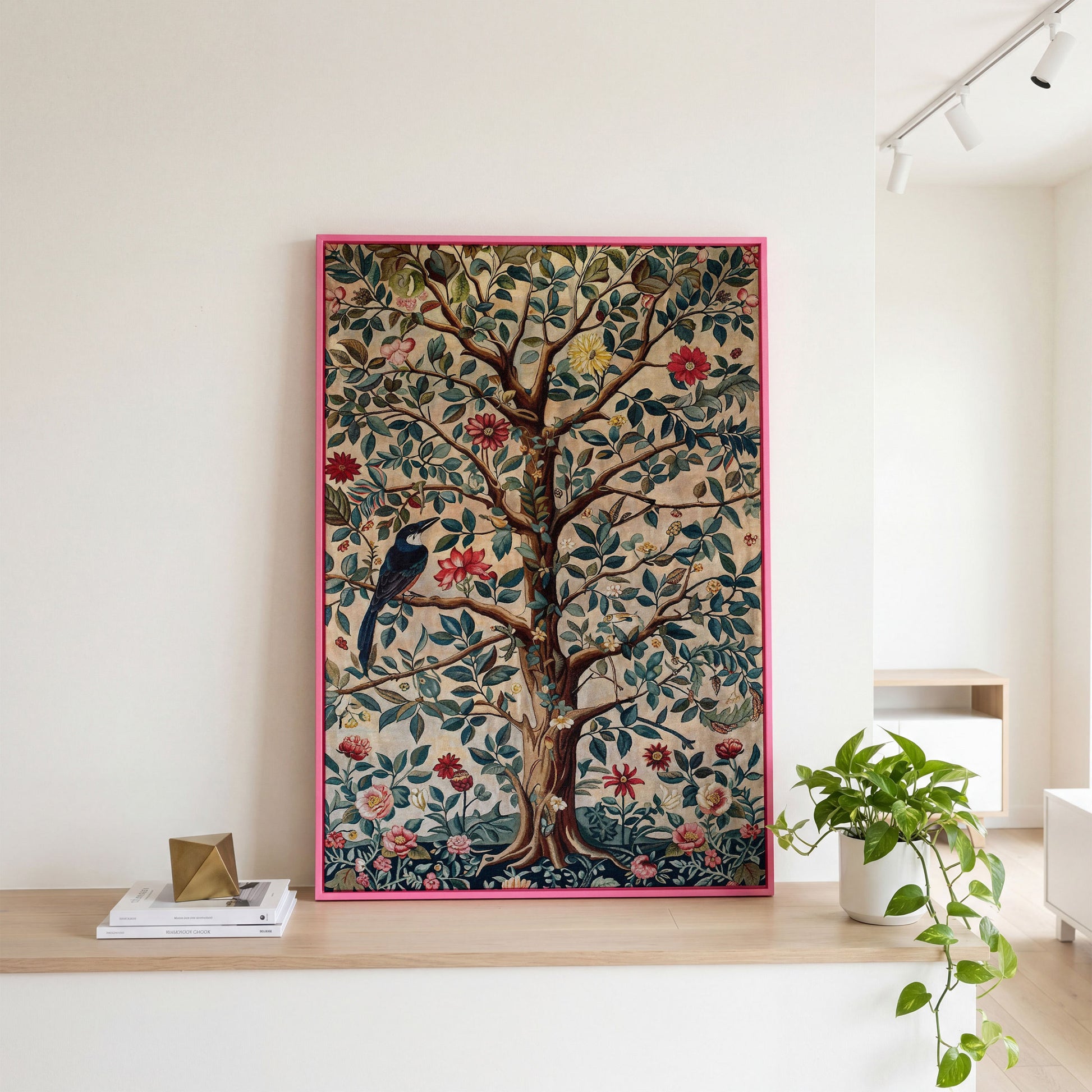 Tree of Life with Bird Canvas Art in Teal and Sienna in pink floating frame