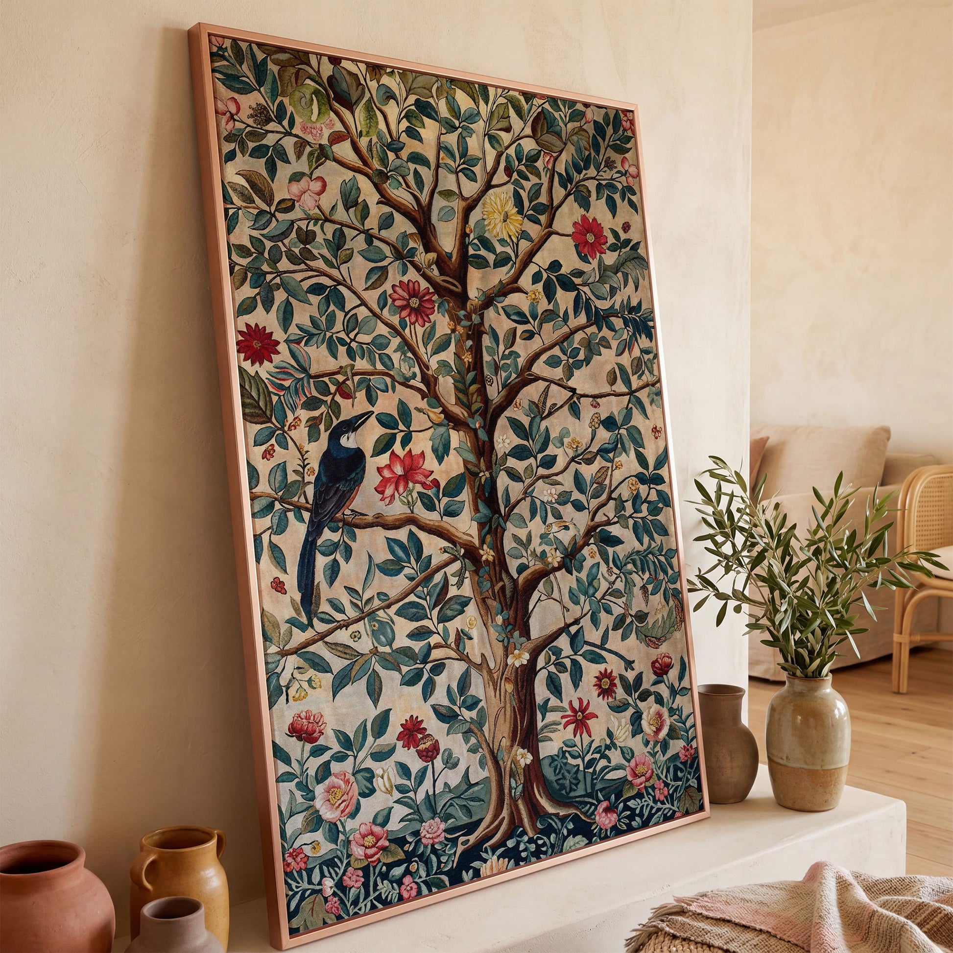 Tree of Life with Bird Canvas Art in Teal and Sienna in rose gold floating frame