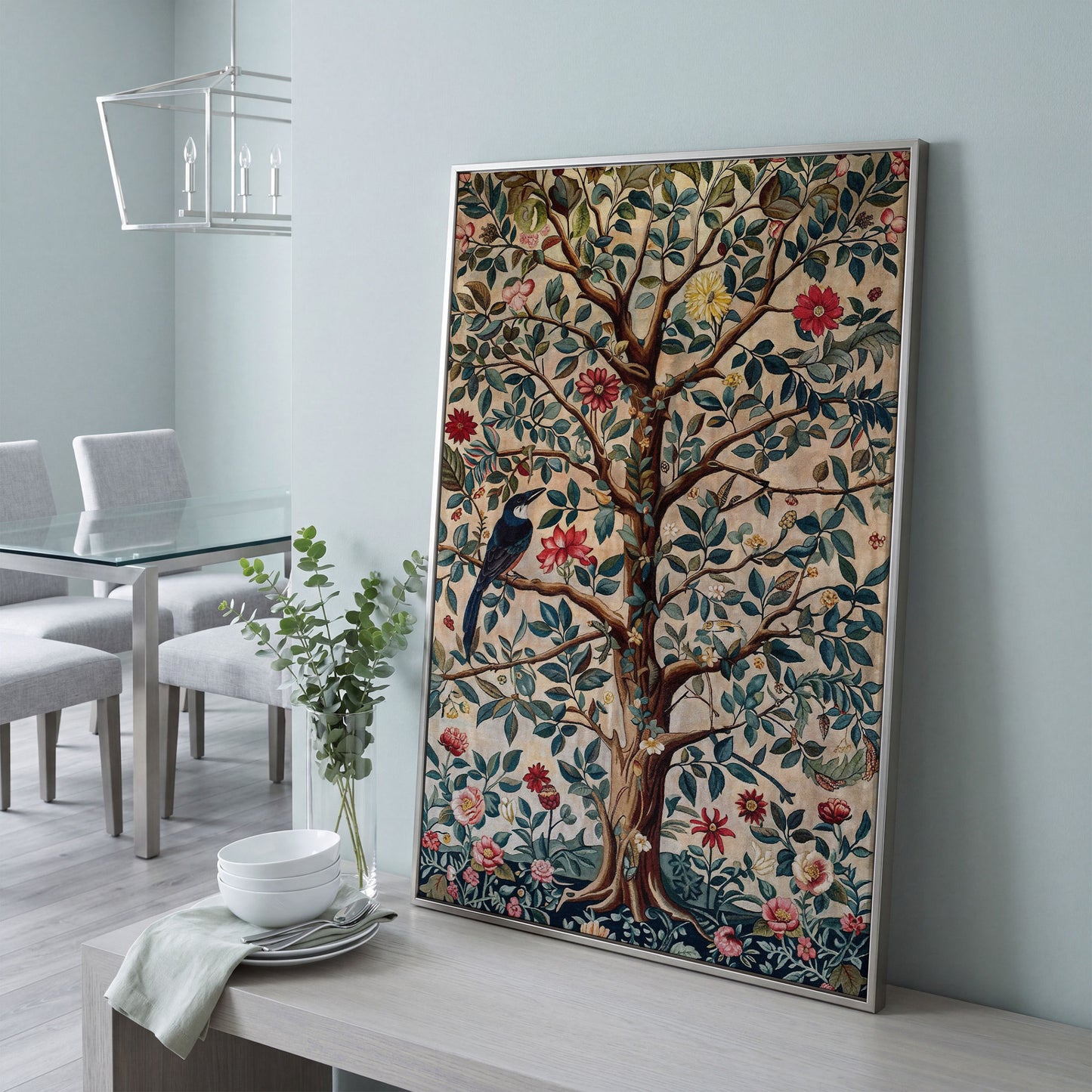 Tree of Life with Bird Canvas Art in Teal and Sienna in silver floating frame