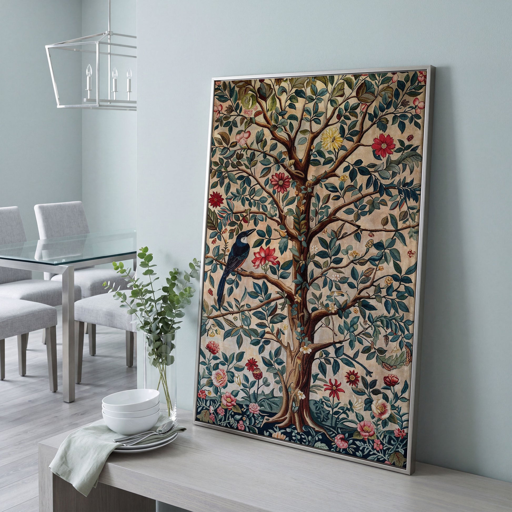 Tree of Life with Bird Canvas Art in Teal and Sienna in silver floating frame