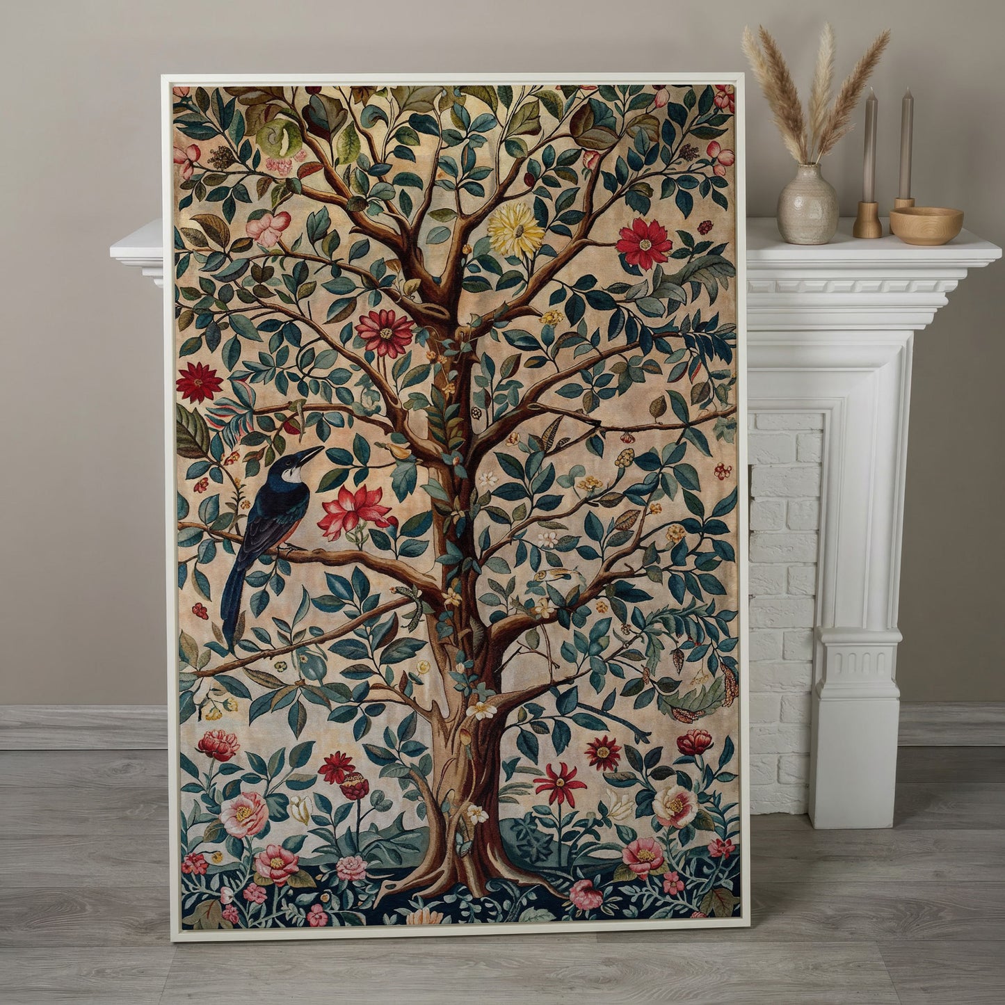Tree of Life with Bird Canvas Art in Teal and Sienna in white floating frame