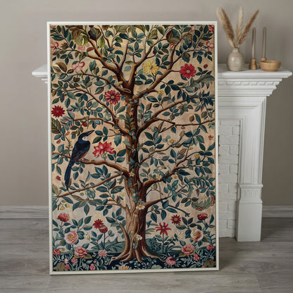 Tree of Life with Bird Canvas Art in Teal and Sienna in white floating frame