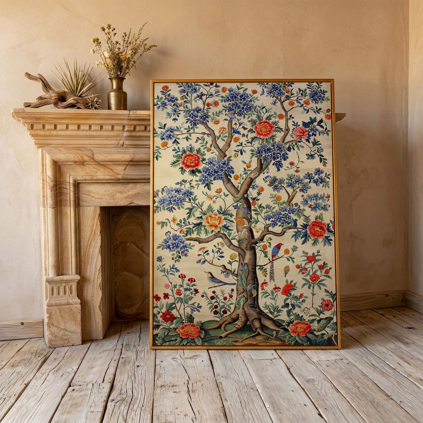 Peony Tree with Birds Canvas Print in antique gold floating frame