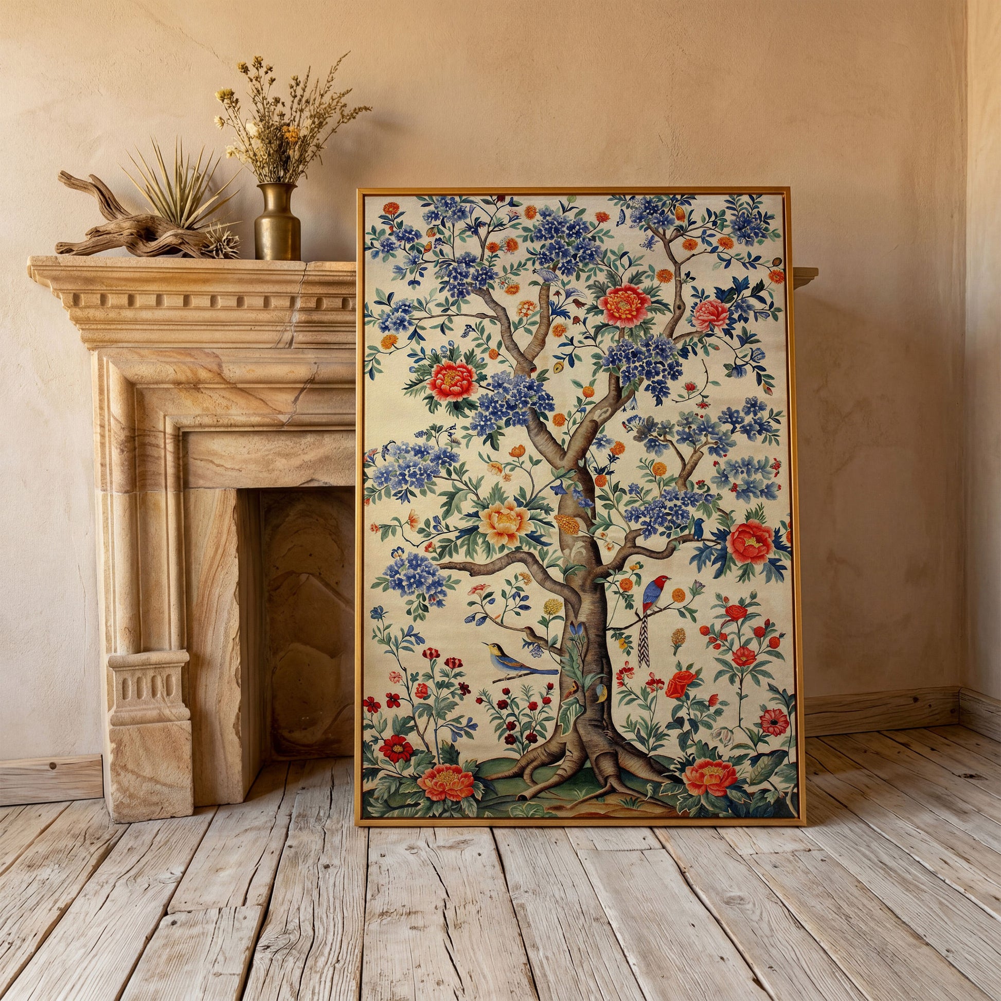 Peony Tree with Birds Canvas Print in antique gold floating frame