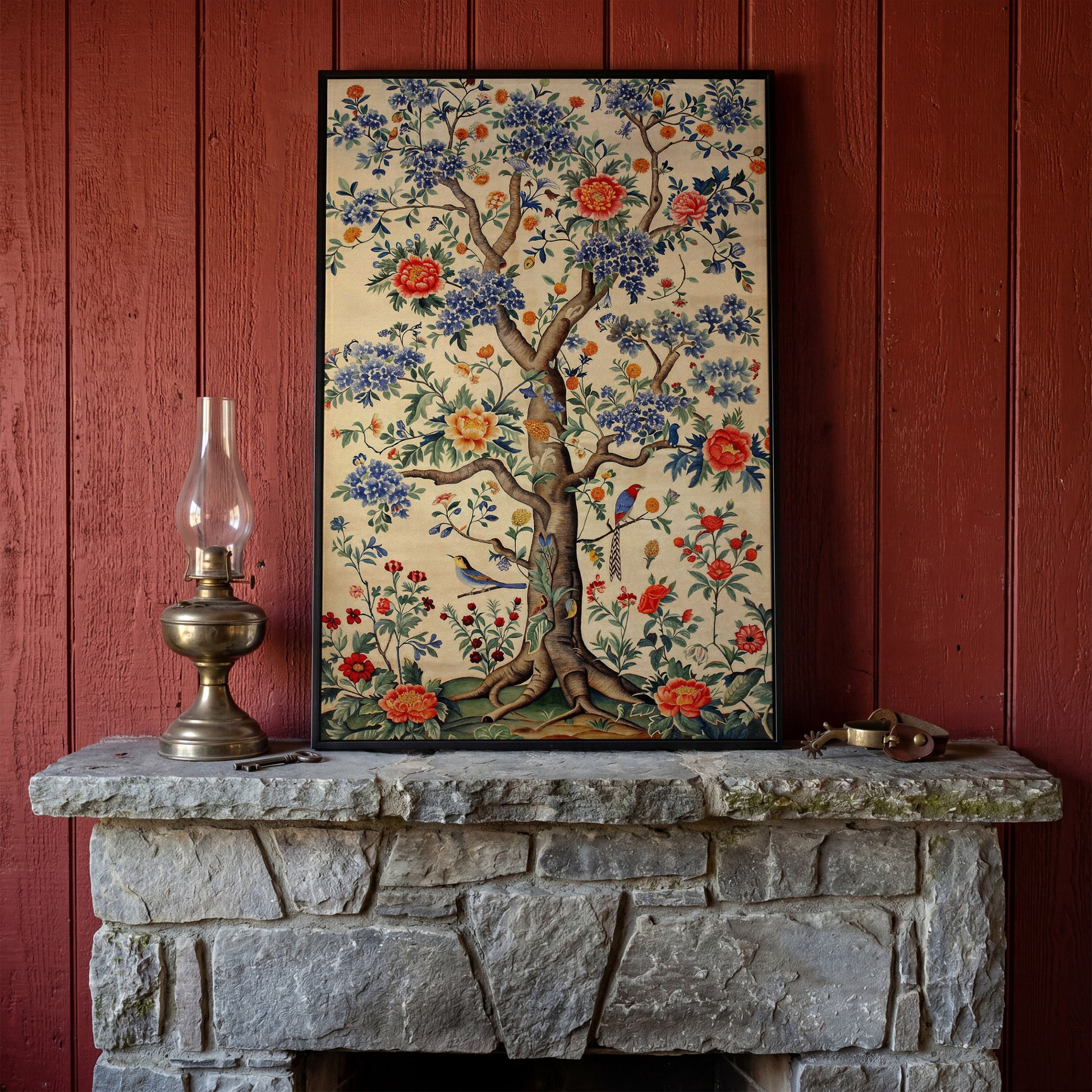 Peony Tree with Birds Canvas Print in black floating frame