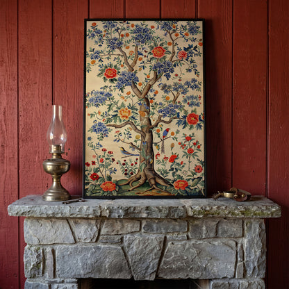 Peony Tree with Birds Canvas Print in black floating frame