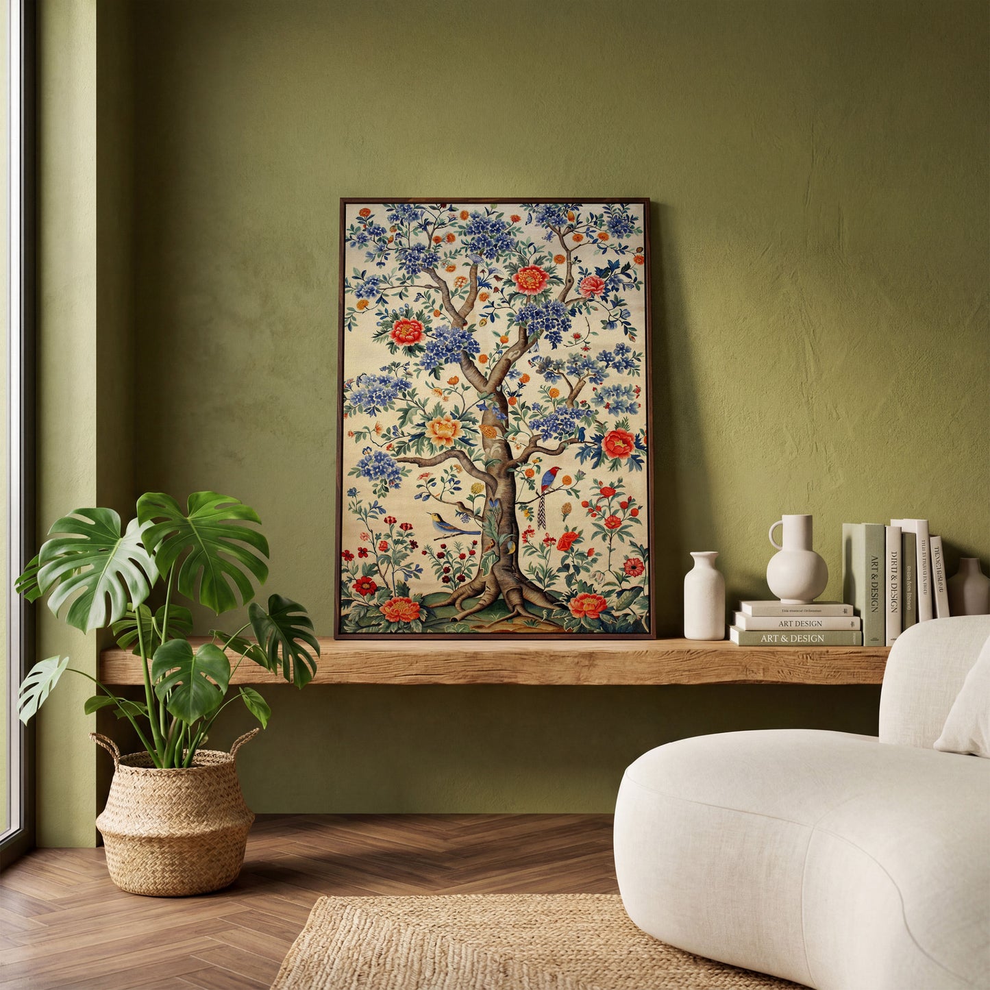 Peony Tree with Birds Canvas Print in dark walnut floating frame