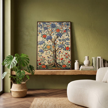 Peony Tree with Birds Canvas Print in dark walnut floating frame