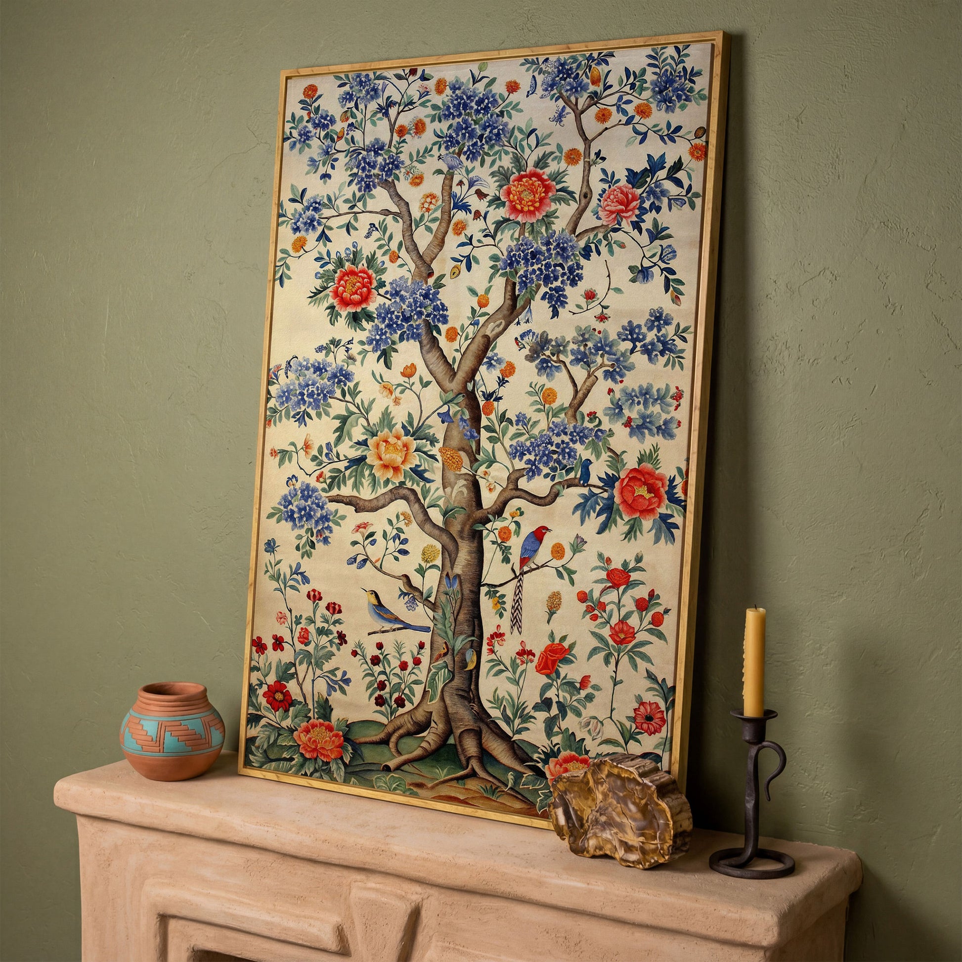 Peony Tree with Birds Canvas Print in white oak floating frame