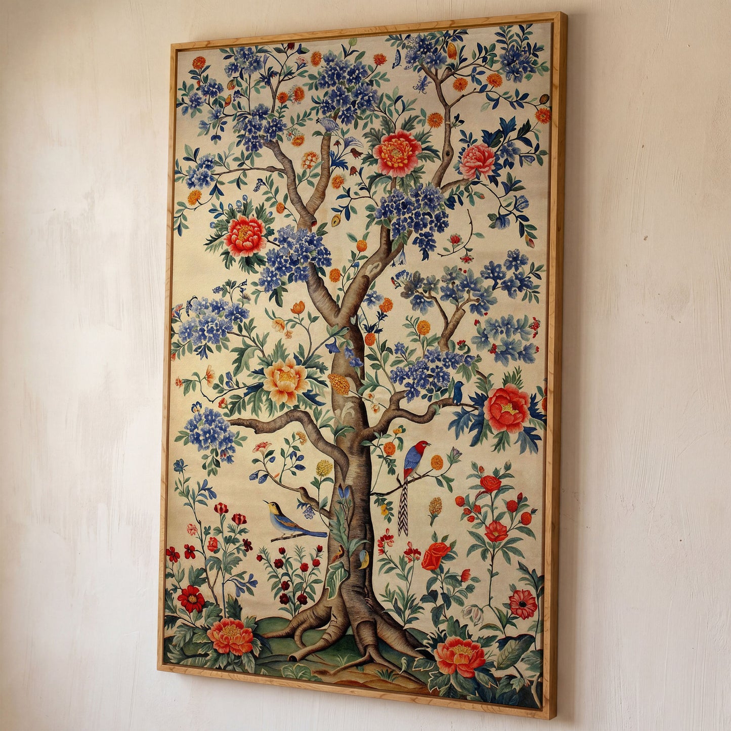Peony Tree with Birds Canvas Print shown in white oak floating frame